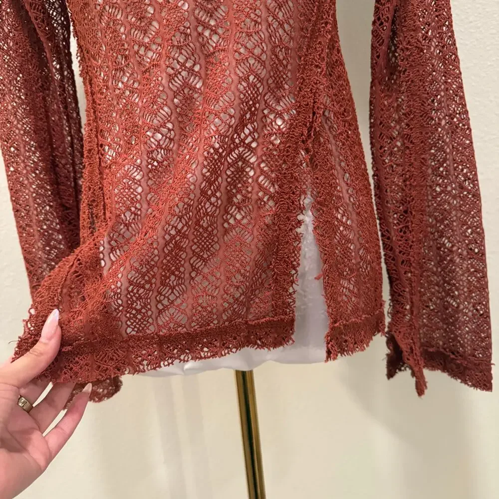 Free People Rust Orange Crochet Lace Sheer Long Sleeve Top Small Boho Festival